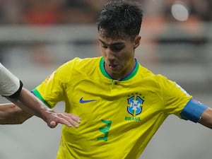 Brazil's Vitor Reis battles for the ball during a FIFA U-17 World Cup match