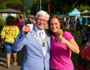 The Mayor of Oakengates - Cllr. Stephen Reynolds and Beth Heath from Shropshire Festivals at the last Oakengates Carnival.