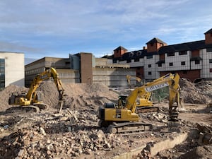 Demolition progress at the Riverside Shopping Centre side on Smithfield Road, Shrewsbury, on Monday, February 3, 2025.