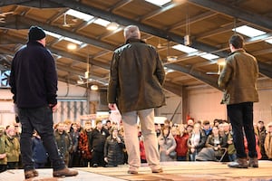 NFU Cymru Brecon & Radnor County Chairman Rob Powell, EFRA Committee Chair Alistair Carmichael MP and Brecon, Radnor & Cwmtawe MP David Chadwick addressing the crowd at NFU Cymru’s rural community support day. Pic credit Ruth Rees Photography