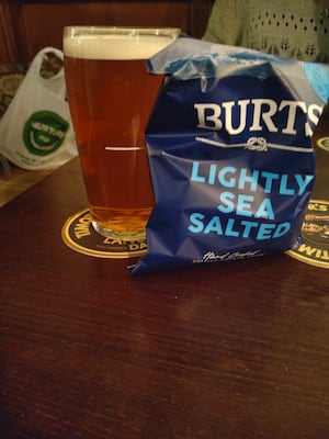 His last night included a Timothy Taylors and a bag of Burts in the Wheatsheaf. Photo: Paul Heaton