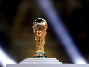 Photo of the men's World Cup trophy at the 2022 final in Qatar