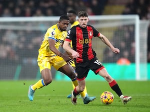 Crystal Palace’s Cheick Doucoure and Bournemouth’s Ryan Christie battle for the ball