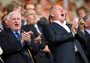 Sir Jack alongside former owner Steve Morgan during Wolves Premier League clash with West Ham in 2009