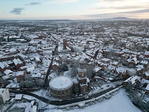 Shrewsbury in the snow. Picture: Ross Jones of SY View Drone Services