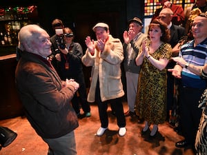 Actor Sir David Jason (left) who played Derek ‘Del Boy’ Trotter in the hit BBC comedy, Only Fools And Horses, meets the cast of the musical version backstage at the Hammersmith Apollo, in west London