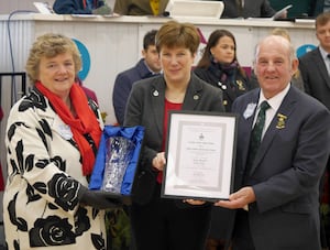 Show President Denley Jenkins and his wife Brenda present Tracy Powell with the John Gittins Memorial Award. (Image: Andy Compton)