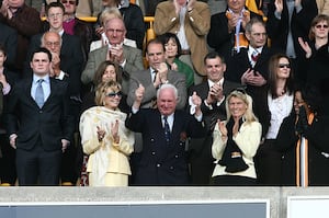 Sir Jack Hayward OBE gives the thumbs up to the Wolves fans during a visit to Molineux