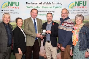 NFU Cymru Rural Affairs Board Chairman Hedd Pugh, Claire Morgan, Bryn Hughes, National Sheep & Beef Specialist at Wynnstay, Huw Morgan, Glasnant Morgan and Linda Morgan