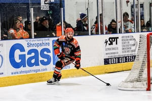 Fin Howells has the puck during Telford Tigers' overtime defeat against Berkshire Bees on Sunday evening (Picture: Edward Bowen Photography)