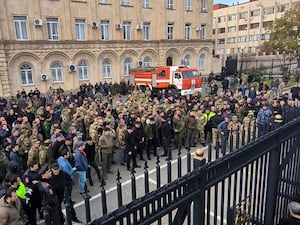 A crowd outside the parliament building of the Georgian separatist region of Abkhazia