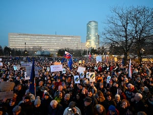 Thousands of protesters gather to oppose the policies of Slovakia’s Prime Minister Robert Fico in Bratislava, Slovakia