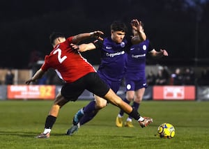 Telford debutant Jakub Kruszynski in action during the Hadley defeat. Pic: Mike Sheridan/TwoEight Photographic