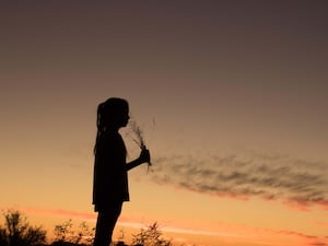 A silhouette of a child holding flowers at sunset