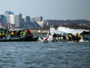 In this image provided by the US Coast Guard, wreckage is seen in the Potomac River near Ronald Reagan Washington National Airport