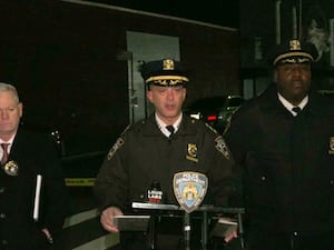 New York Police Department chief of patrol Philip Rivera, centre, during a press conference in New York