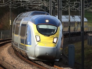 A Eurostar train heads towards France through Ashford in Kent