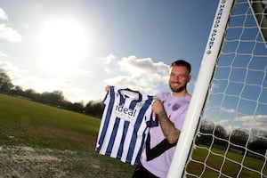 Adam Armstrong posing on his first day as a Baggie.  (Photo by Adam Fradgley/West Bromwich Albion FC via Getty Images)