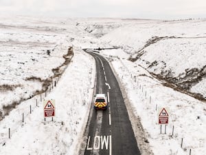 General view of snow on the A57 Snake Pass