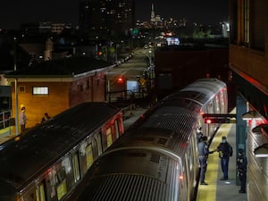 New York police officers clear a train