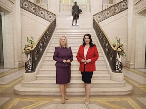 First Minister Michelle O’Neill (left) and deputy First Minister Emma Little-Pengelly in Parliament Buildings