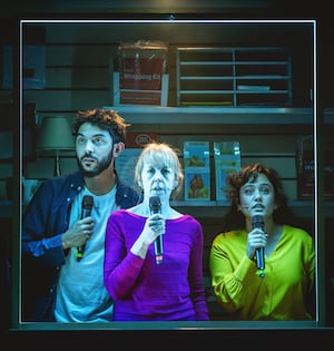 Samuel Gosrani, Victoria Brazier, and Charlotte Delima in Make Good: The Post Office Scandal, a Pentabus show.