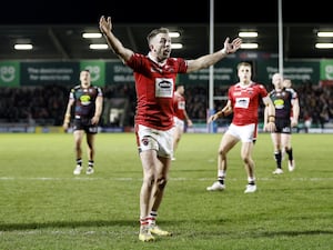 Salford's Ryan Brierley gestures during a match against Wigan