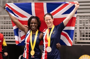 Joanne Lynch (right) with teammate Mina Endeley who pipped her to gold in the indoor rowing events. Picture: Royal British Legion.