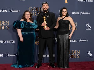 Jessica Gunning, Richard Gadd and Nava Mau in the Golden Globes press room