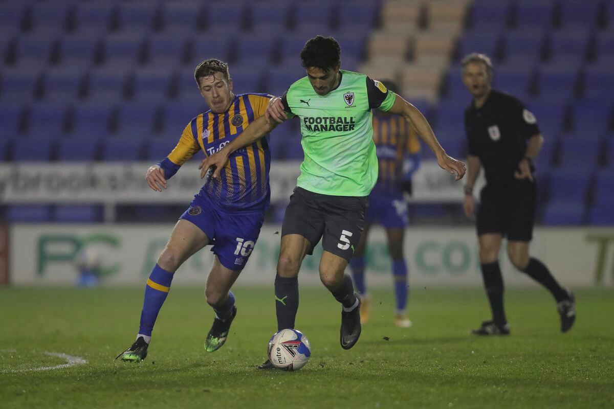 Shrewsbury Town v AFC Wimbledon EFL Sky Bet League 1 02 03 2021. AFC  Wimbledon midfielder