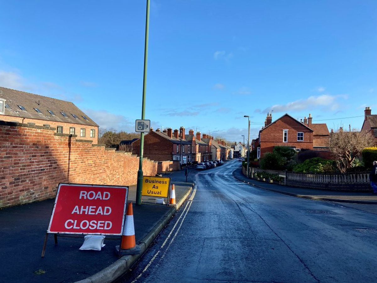 Road closure sign at Longden Coleham